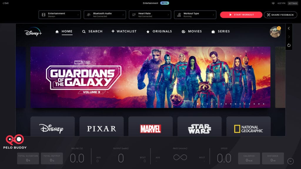 Home page of Disney+ on a Peloton Tread with Peloton Entertainment.