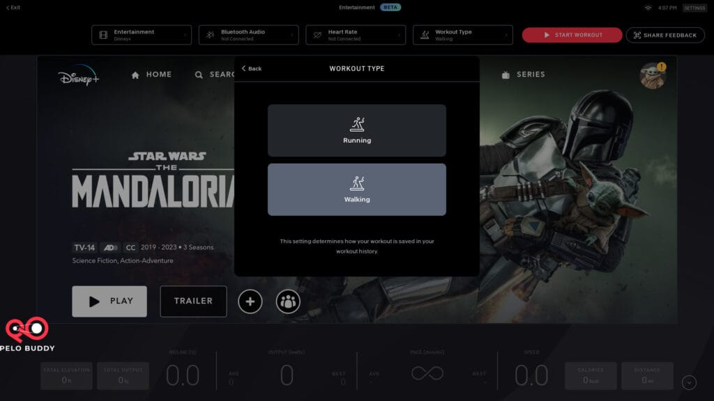 Picking the activity type of your workout on the Peloton Tread with Disney+ on Peloton Entertainment.