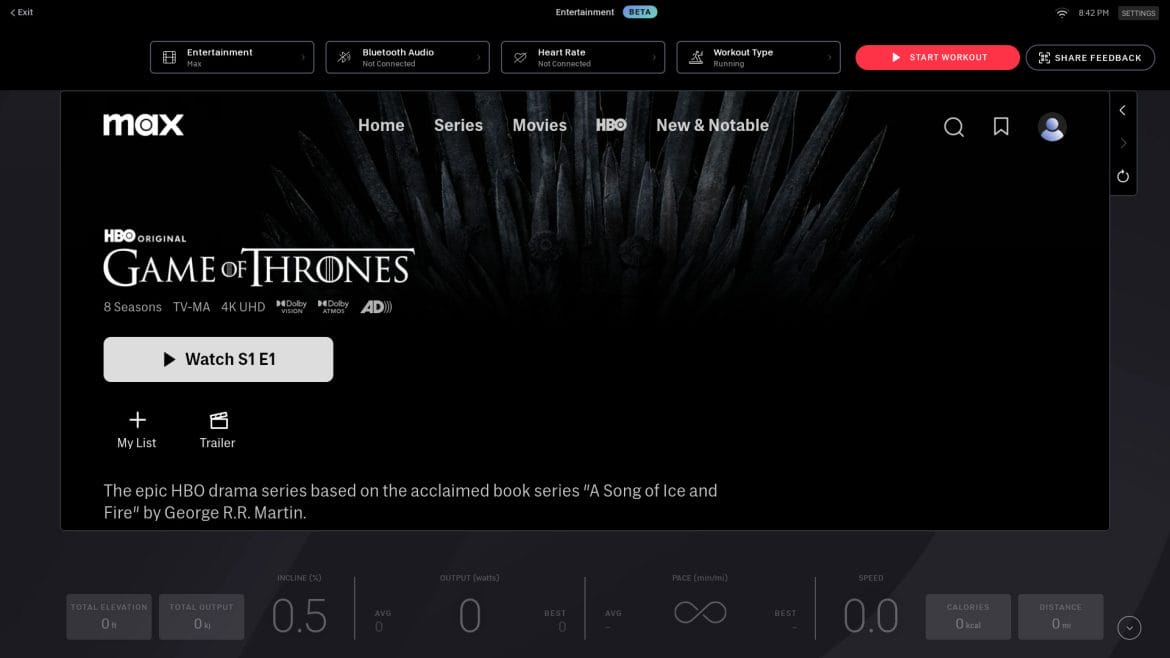 HBO Max show not yet started with start workout button.