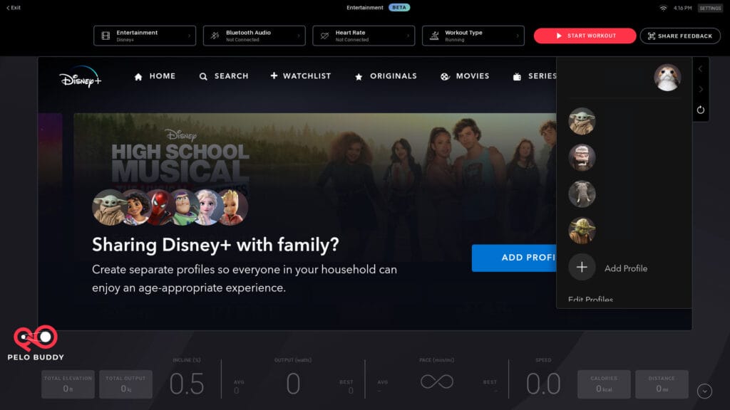 Swapping to a different Disney+ profile on Peloton Entertainment.