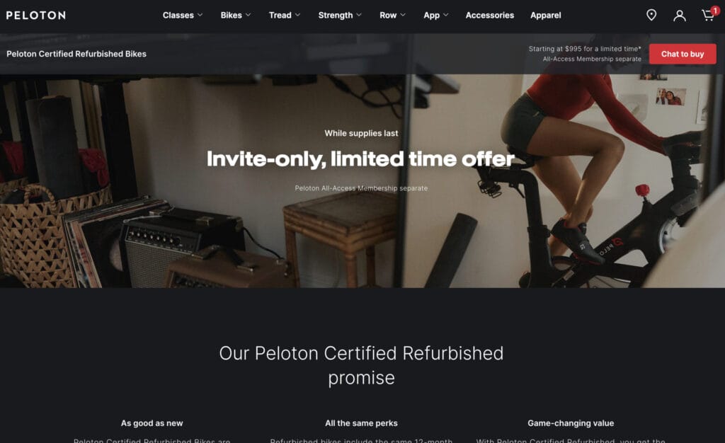 Landing page for refurbished Peloton Bike sale.