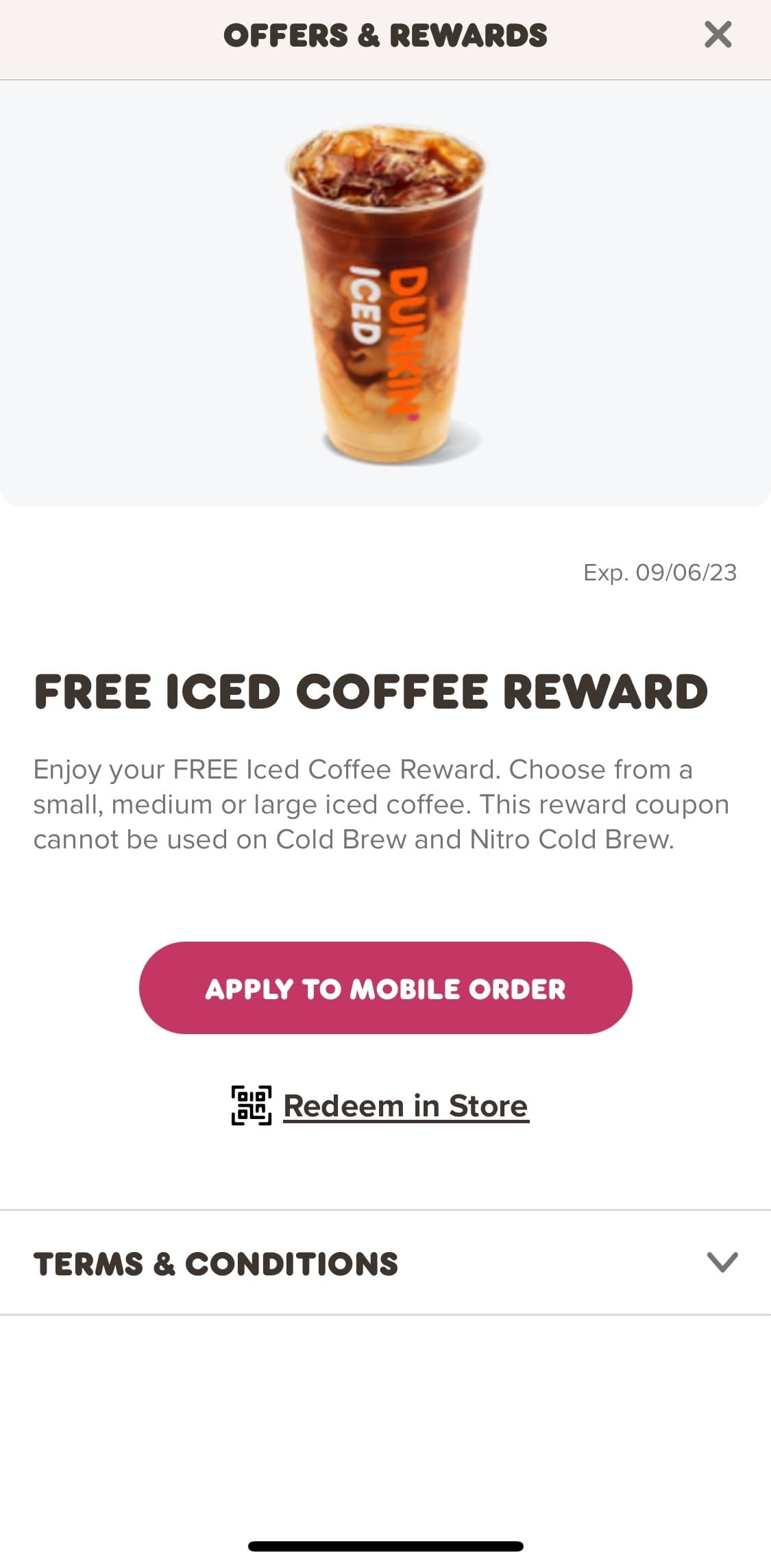 Free iced coffee reward in Dunkin' Rewards app following input of "JESS" promo code.