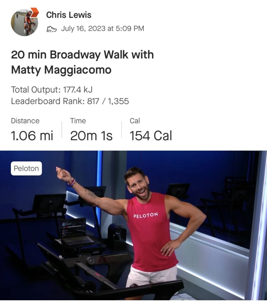 A Peloton workout posted to Strava.