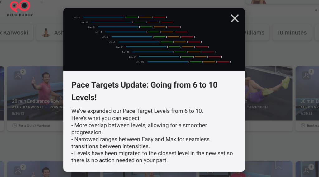 New popup on Row talking about the increase from 6 to 10 pace target levels.
