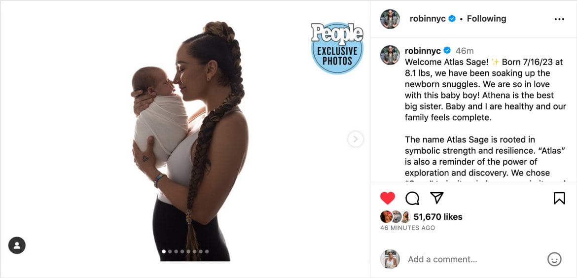 Robin Arzón's Instagram post announcing birth of Atlas Sage.