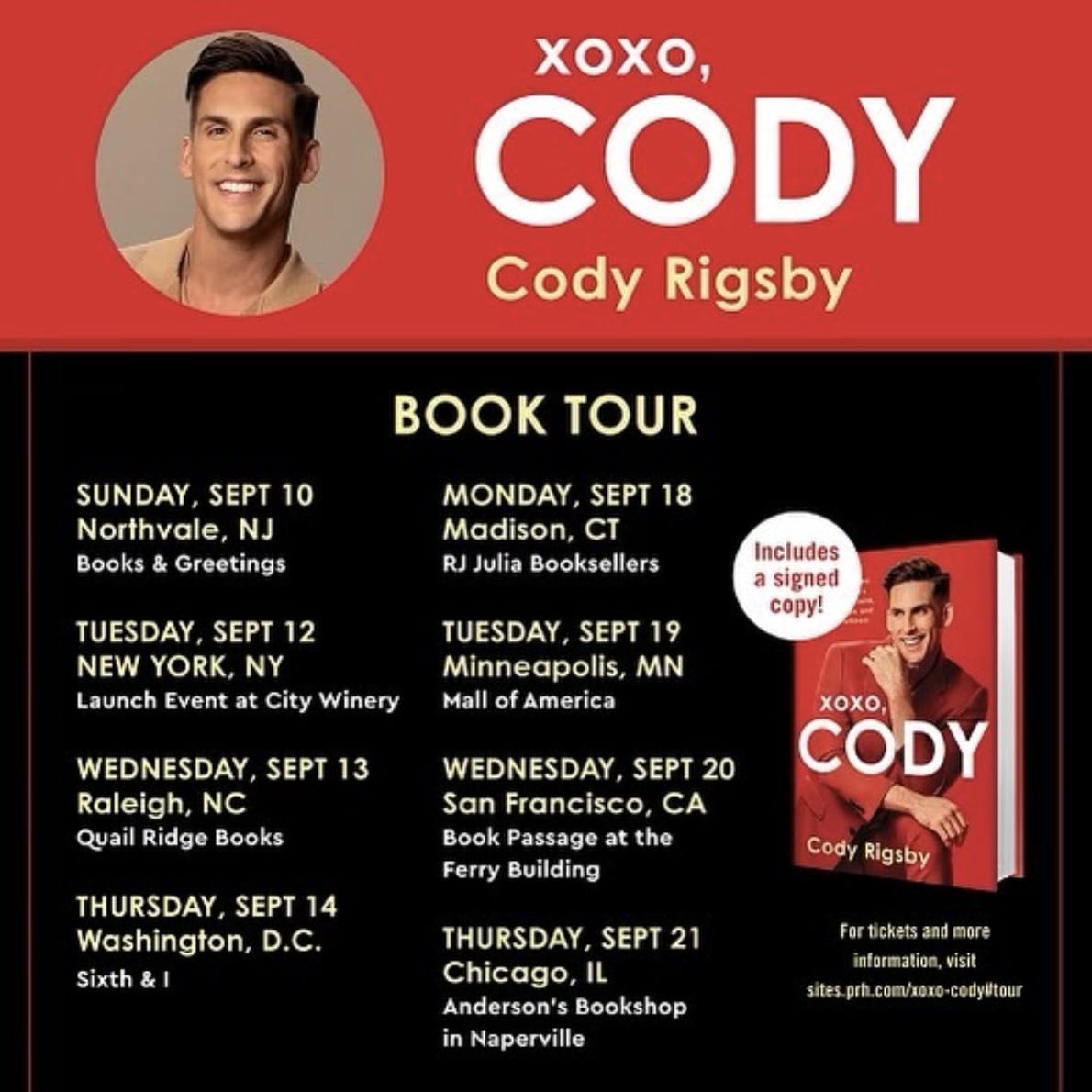 Cody Rigsby book tour dates. Image credit Cody's social media.