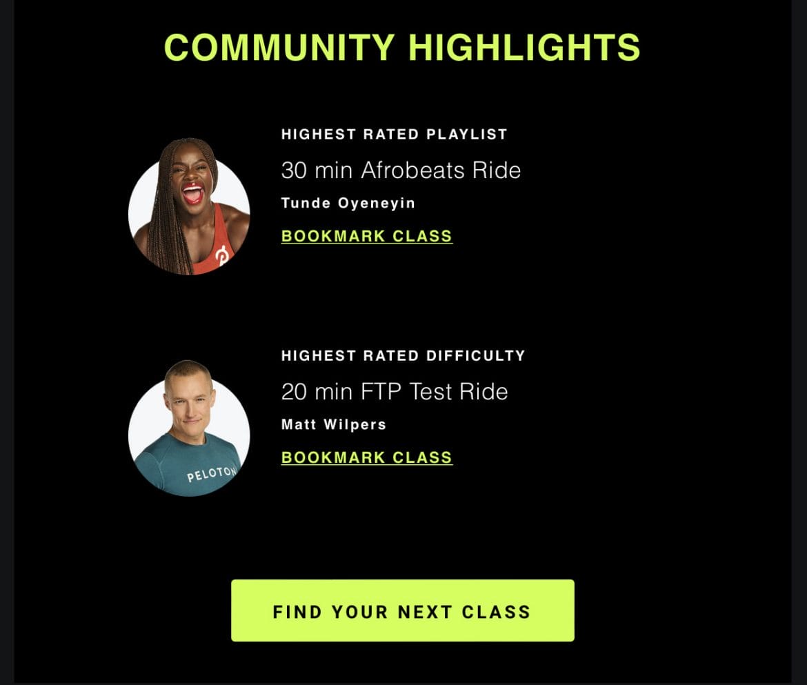 "Community highlights" section in new Peloton monthly recap email.