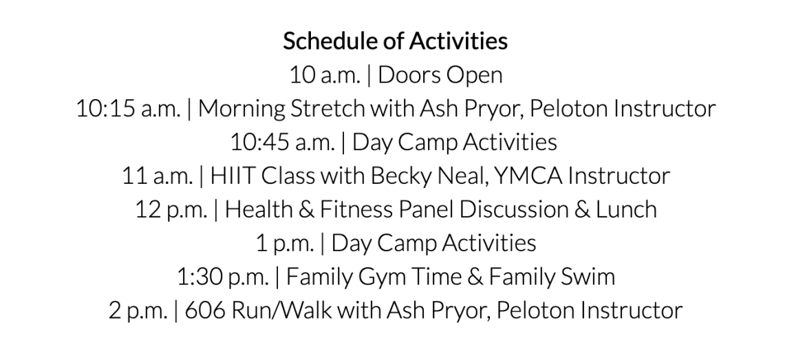 Schedule of activities for Peloton x YMCA Chicago Adult Day Camp event on August 19, 2023.