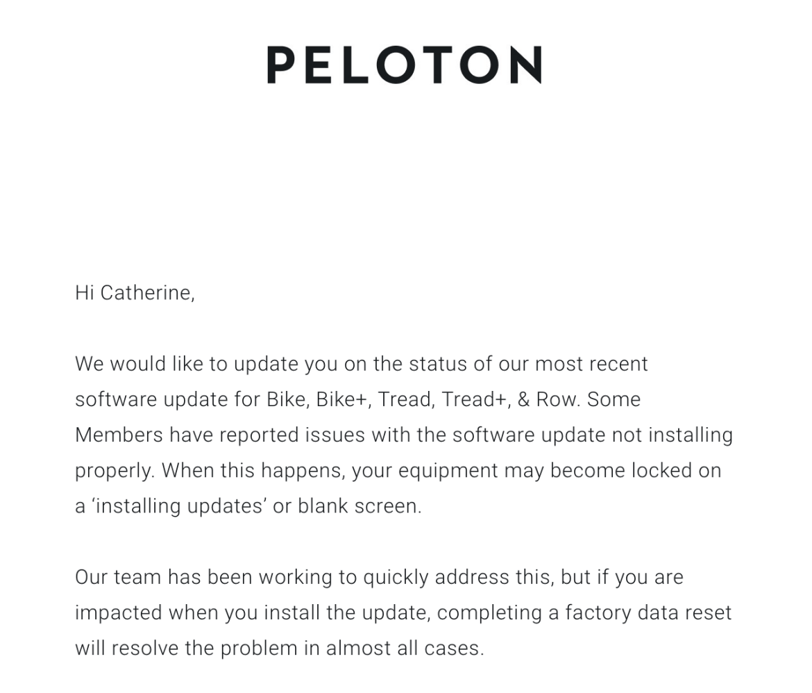 Peloton email to members regarding software issue on hardware devices.