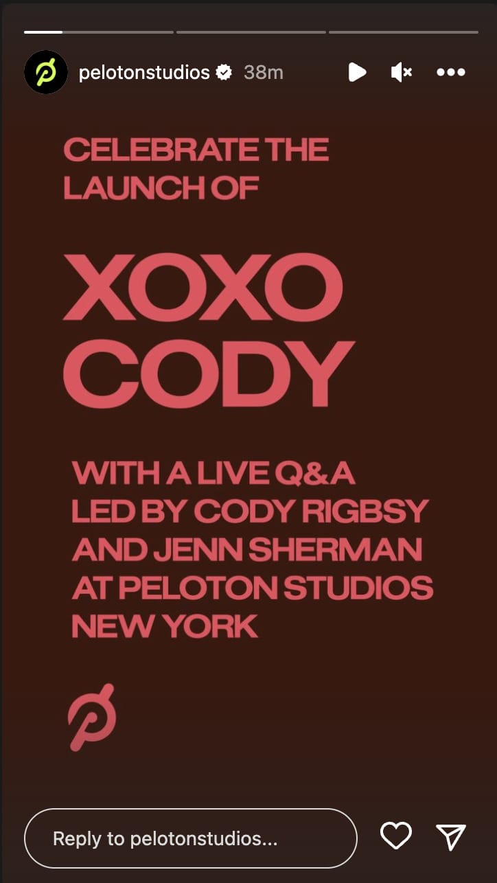@PelotonStudios Instagram Story announcing book launch event for Cody Rigsby at PSNY.
