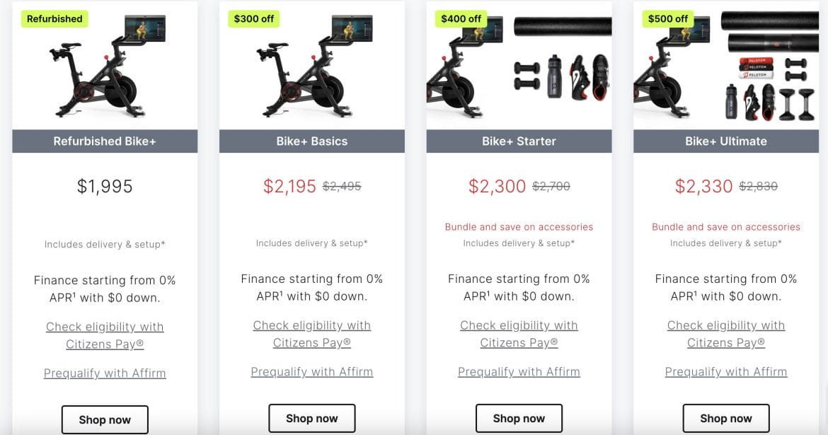 Bike+ package sales on Peloton website.