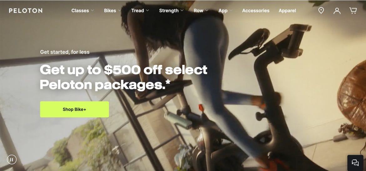 Peloton homepage advertising Labor Day hardware device sales.