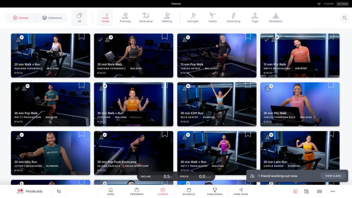 Four classes displayed in each row on Peloton Tread.