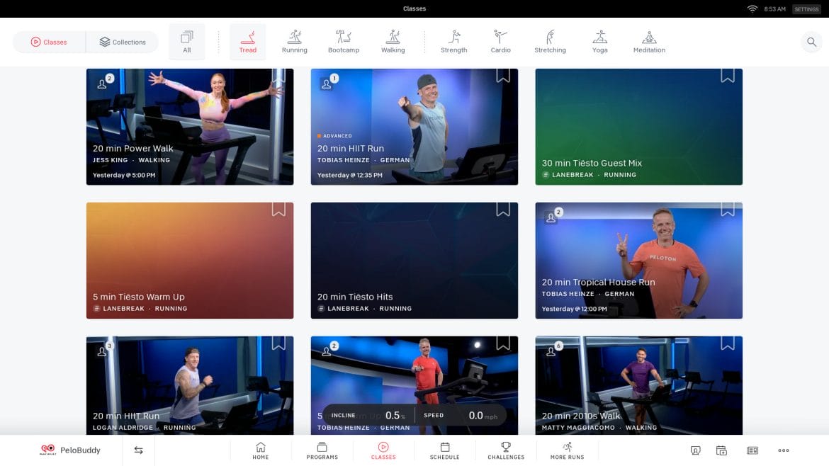 Three classes displayed on Peloton Tread.