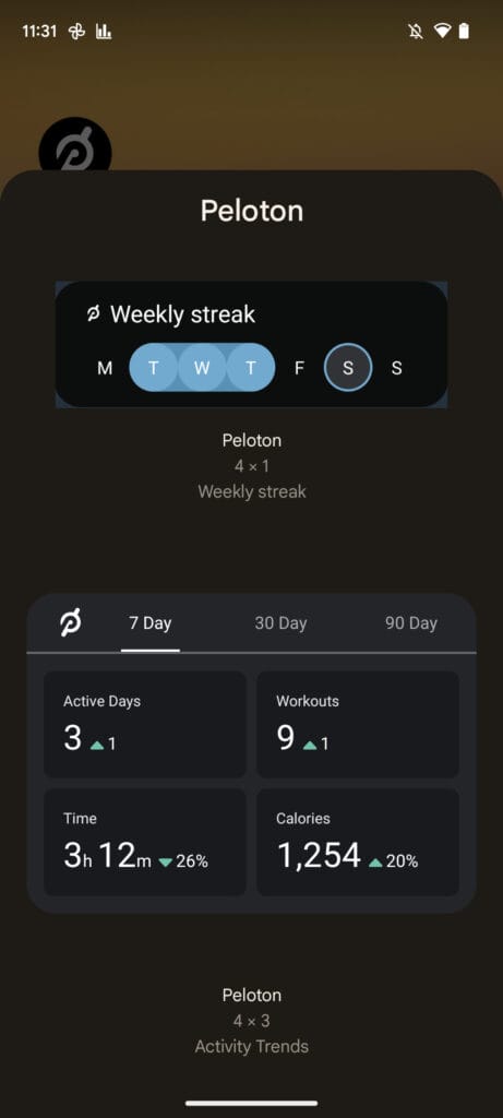 Both Android widget options - weekly streak and 7/30/90 day activity streak.