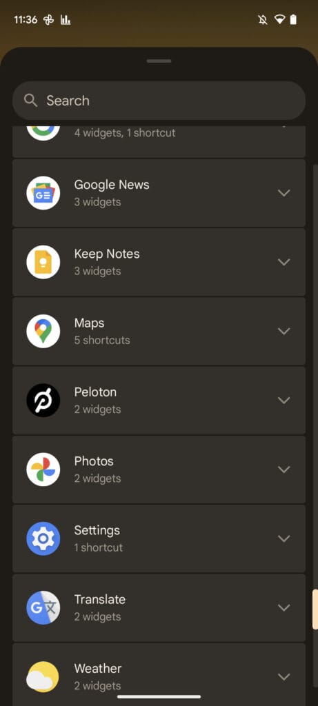 Full list of app widgets from Android home screen.