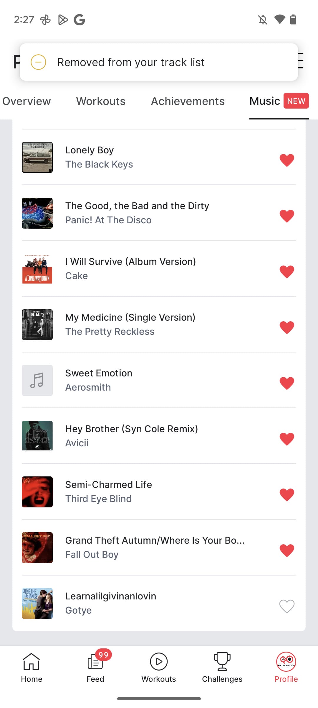 Managing saved songs via profile in the Android app.