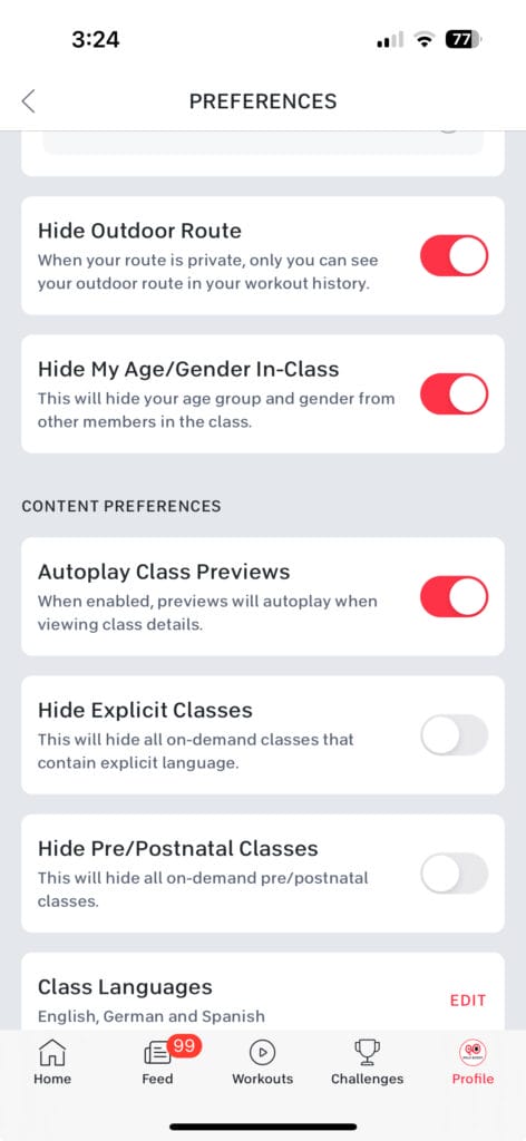 New setting in Peloton iOS to disable autoplay class previews.