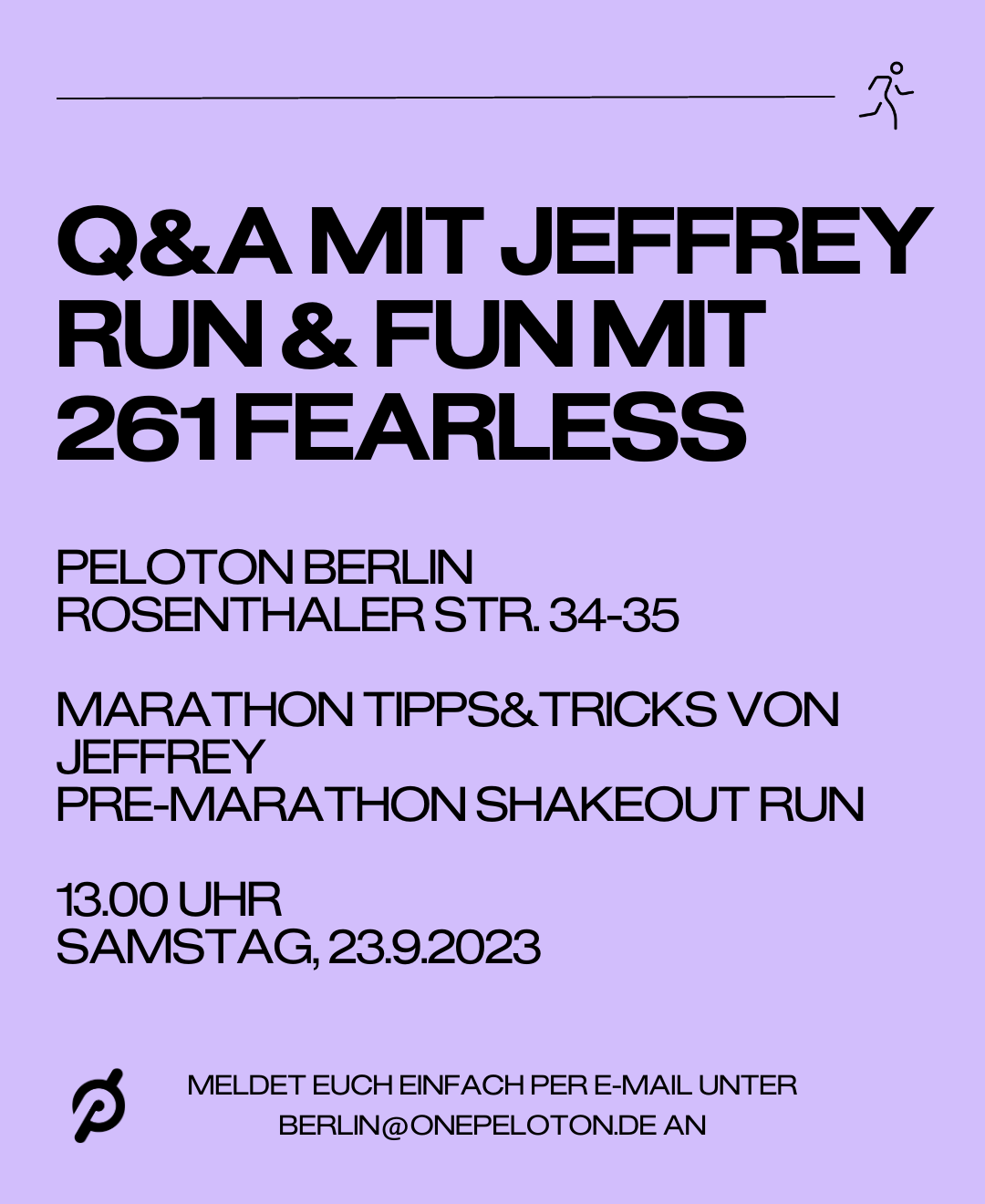 Berlin Marathon event with Jeffrey McEachern on September 23. Image credit Peloton social media.