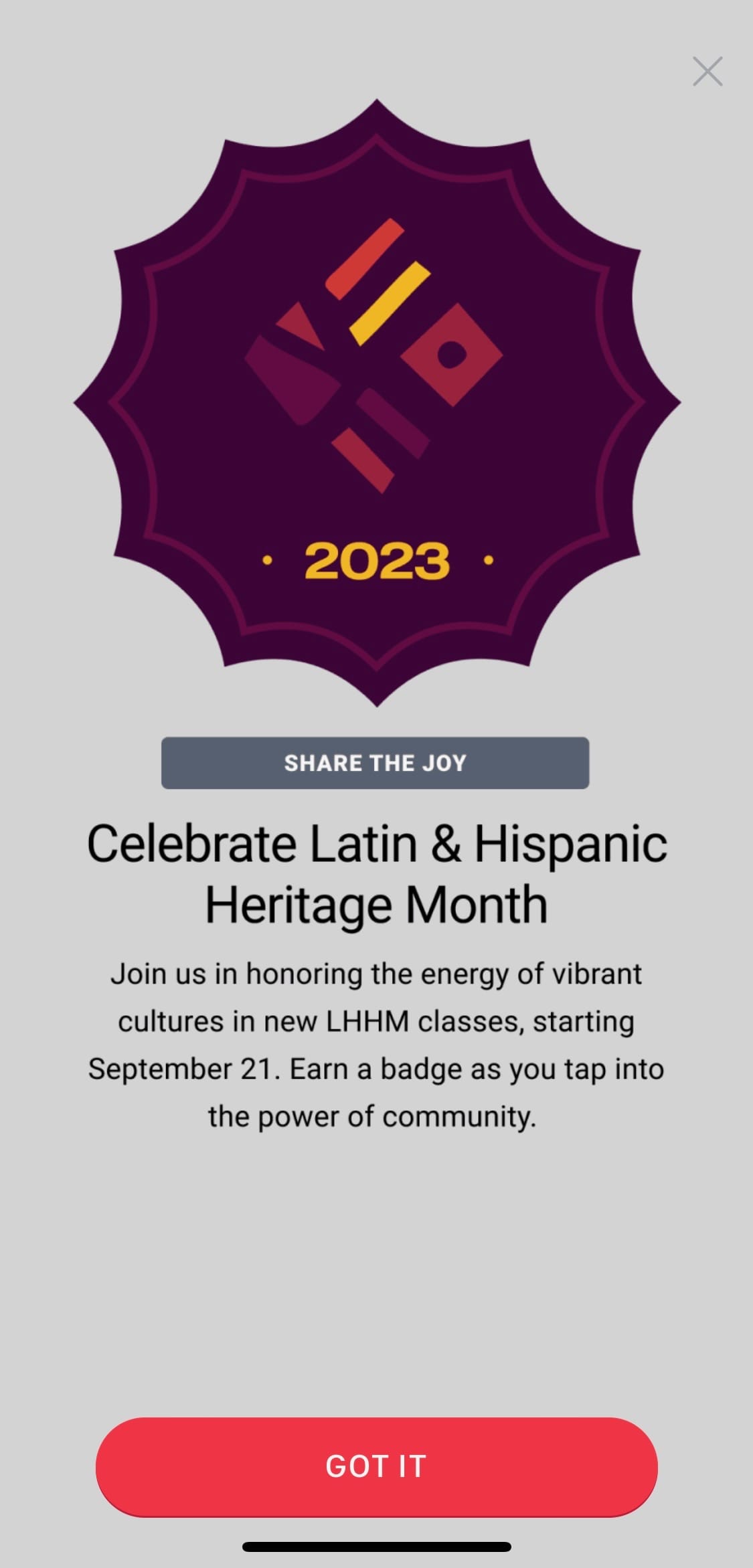 Pop-up on Peloton devices and apps ahead of Latin & Hispanic Heritage Month.