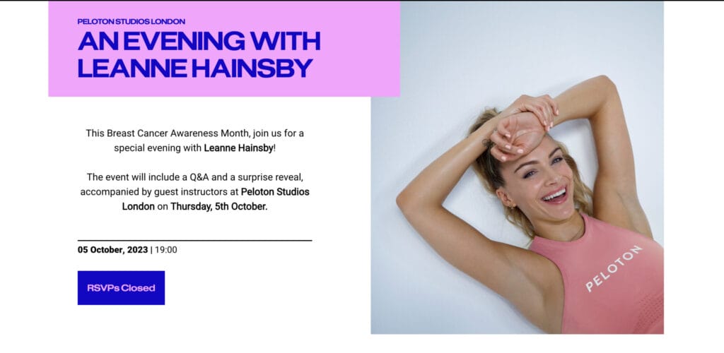 Details for the "Evening with Leanne Hainsby" Peloton event.