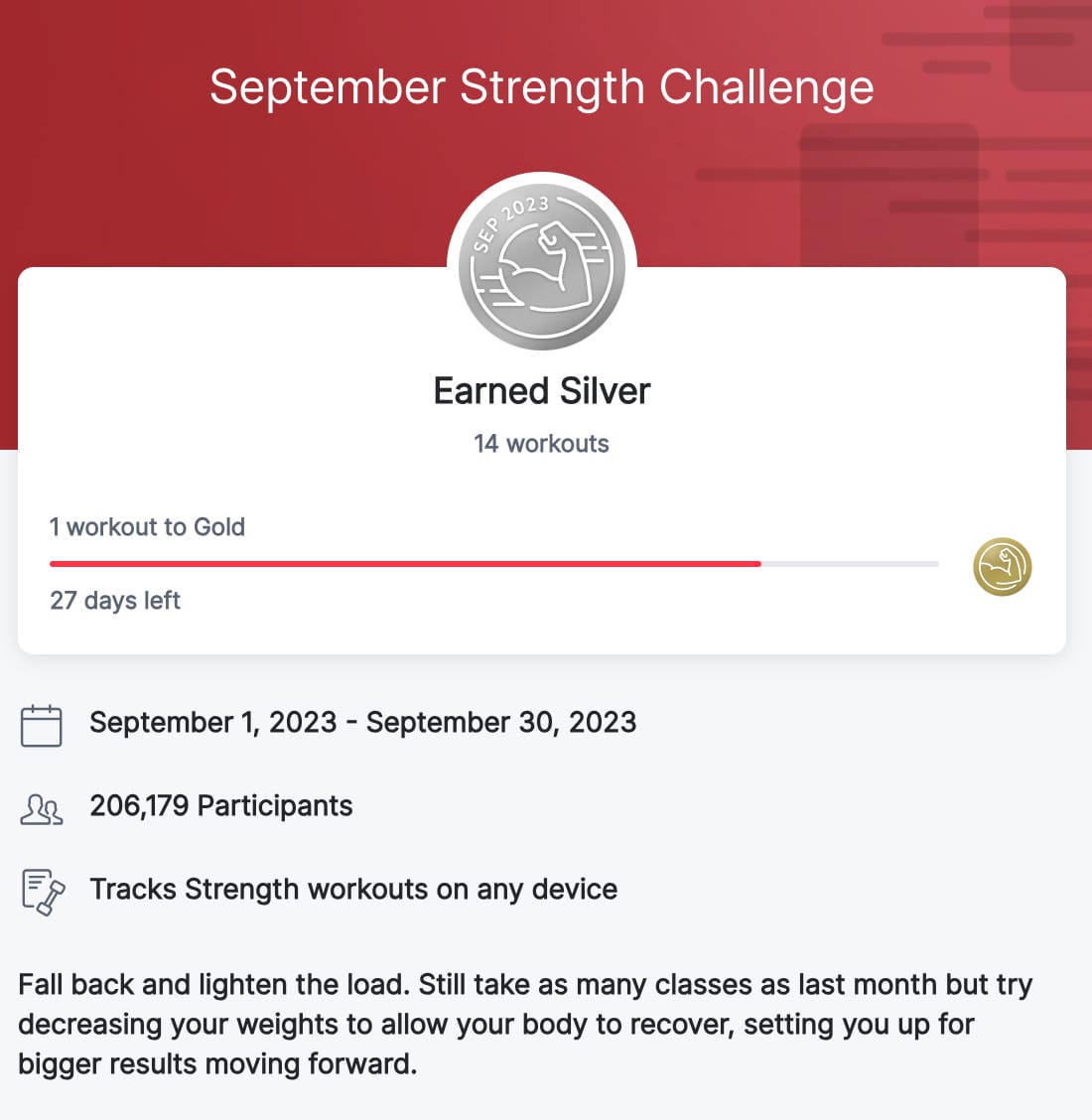 Peloton strength challenge showing silver earned for September, even though only 3 strength workouts have been completed this month.