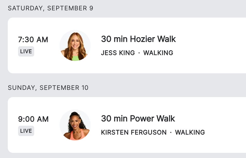 Peloton upcoming schedule showing live classes with Jess King and Kirsten Ferguson.