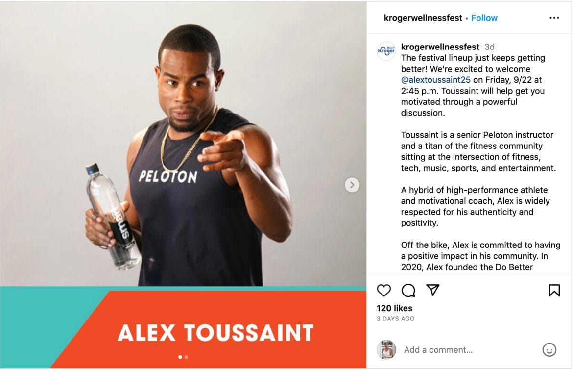 Kroger Wellness Festival Instagram post announcing Alex Toussaint as a featured speaker.