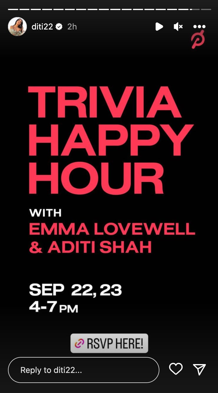 Aditi Shah's Instagram Story announcing Trivia Happy Hour event.