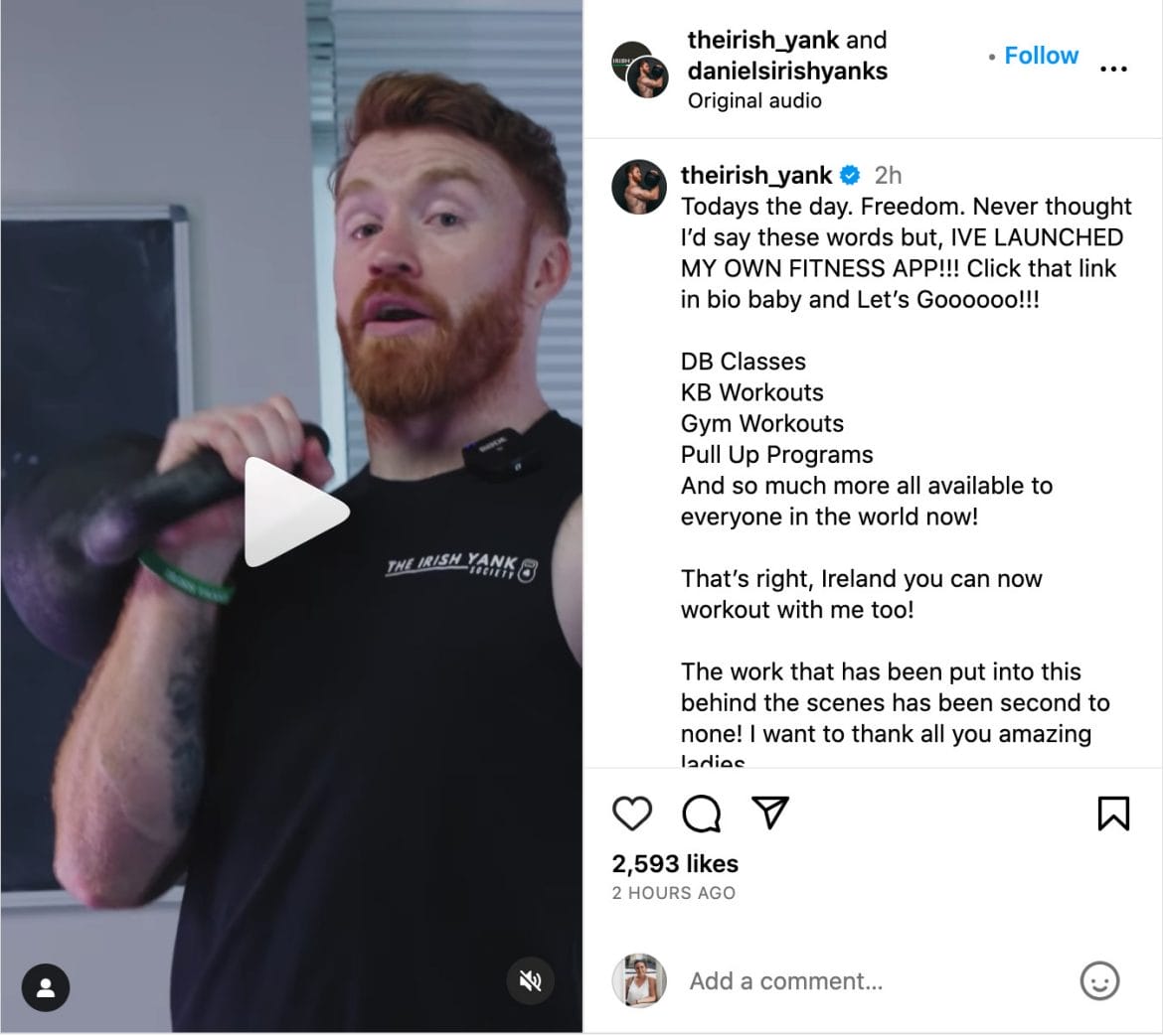 Daniel McKenna Instagram post announcing new app.