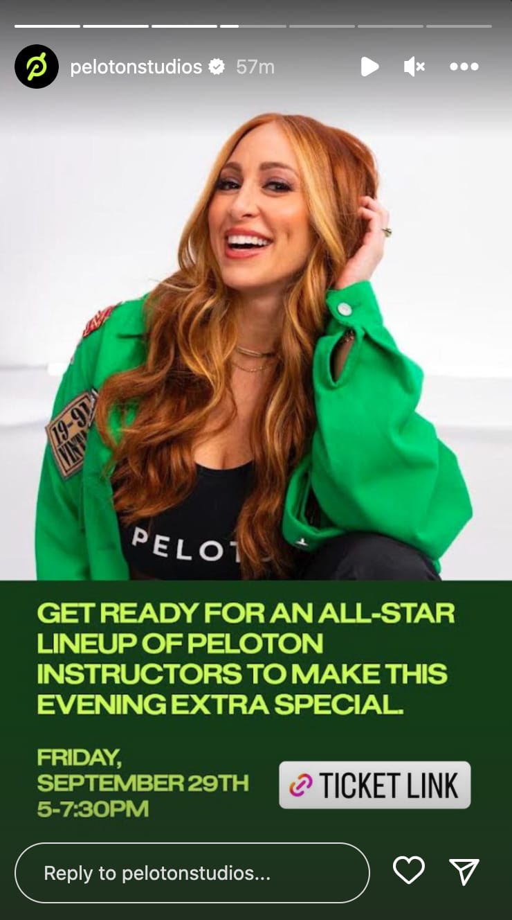 @PelotonStudios Instagram Story announcing apparel event with Jess King at PSNY.
