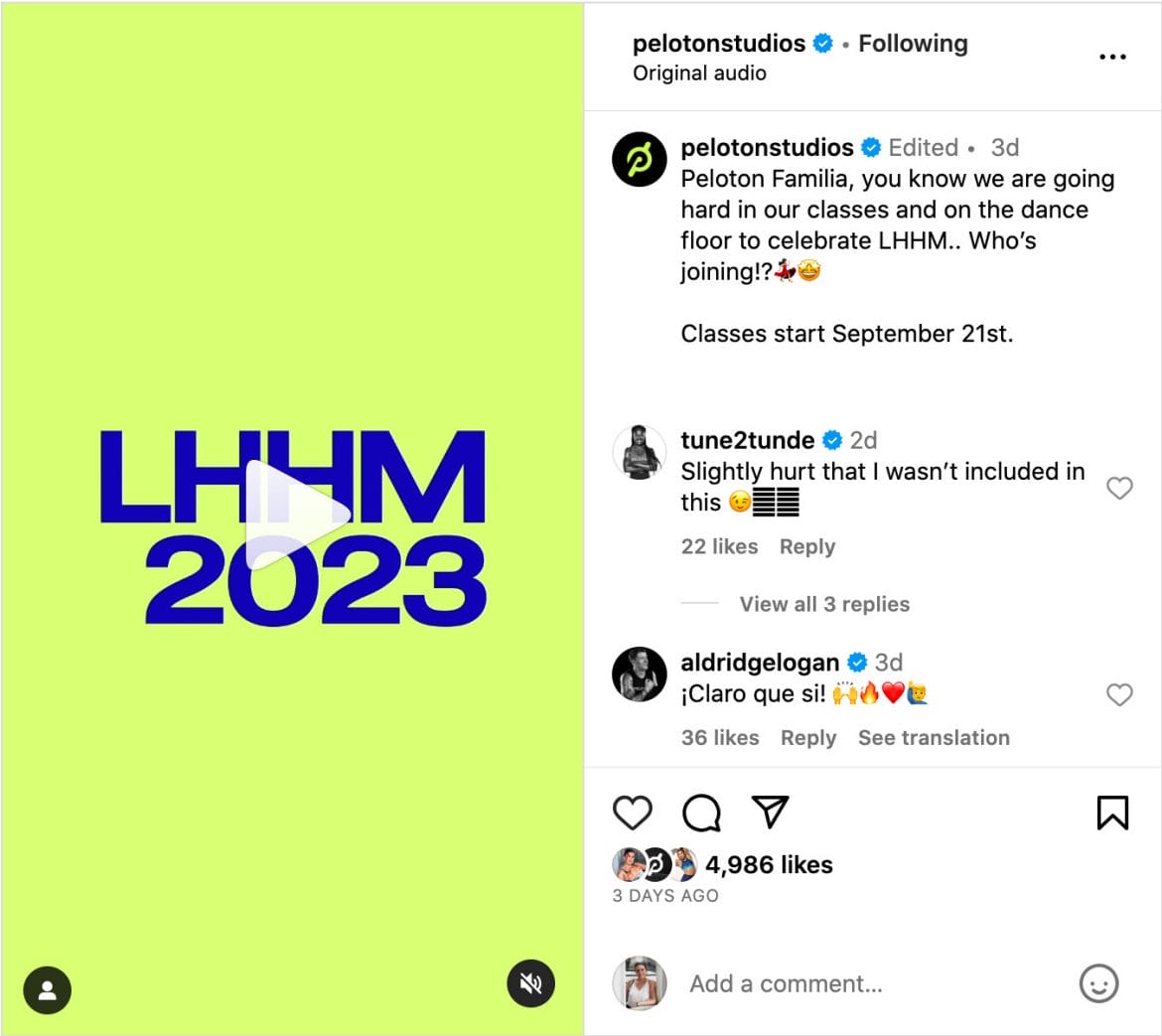 @PelotonStudios Instagram post announcing 2023 Latin & Hispanic Heritage Month programming.