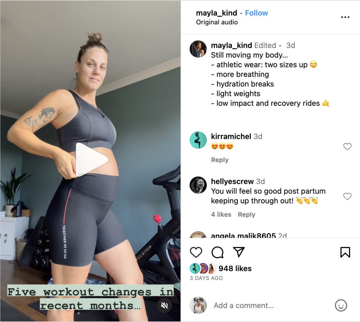 Mayla Wedekind's recent Instagram post sharing workout changes.