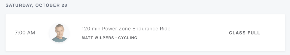 120 minute Power Zone Ride with Matt Wilpers on studio booking site.