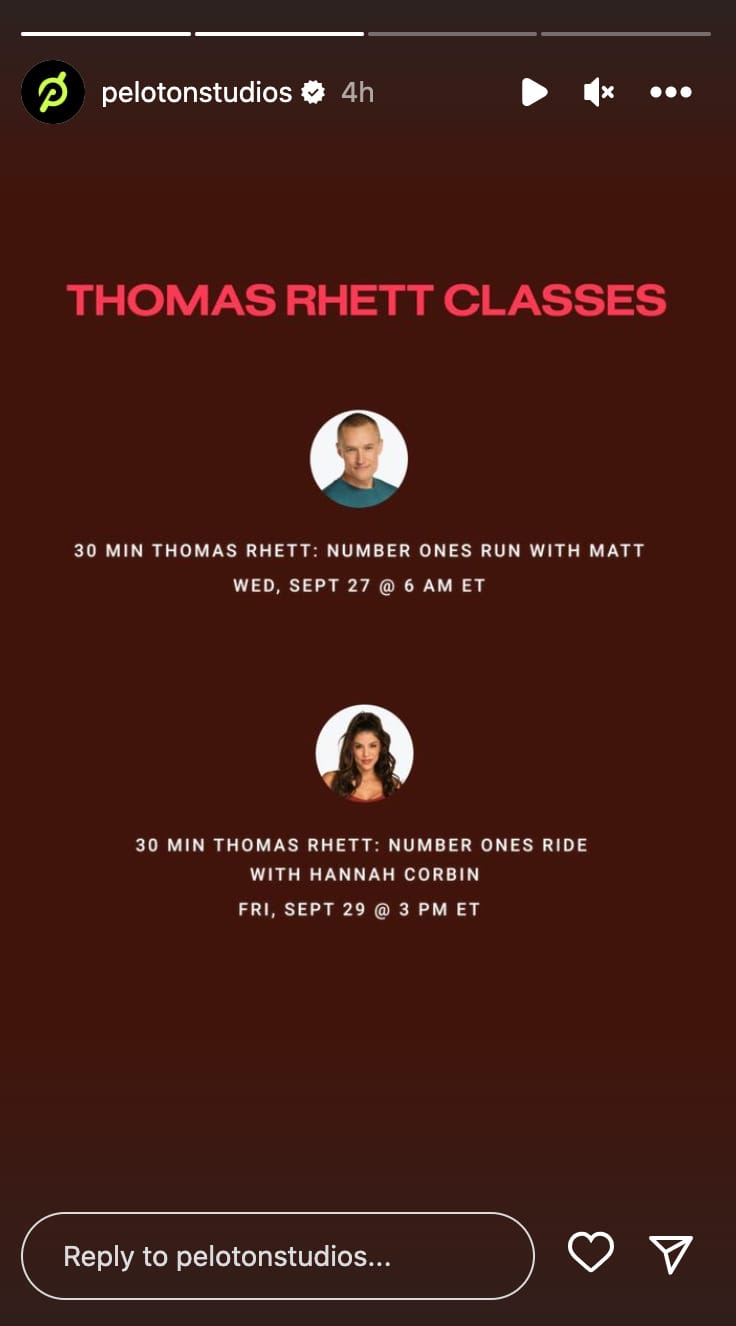 Peloton's Thomas Rhett: Number Ones classes. Image credit Peloton social media.