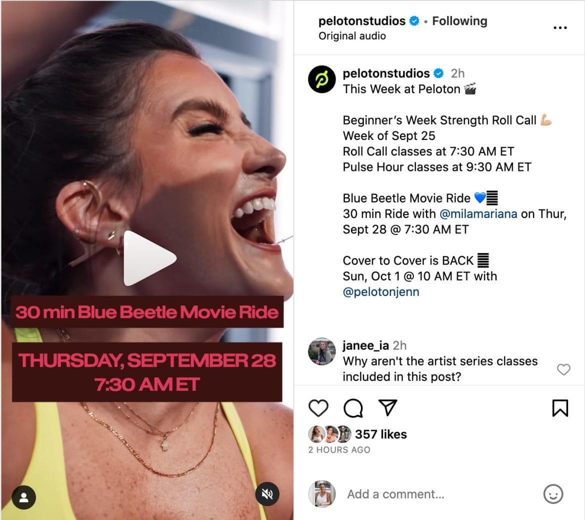 @PelotonStudios This Week at Peloton Instagram post announcing Blue Beetle movie classes.