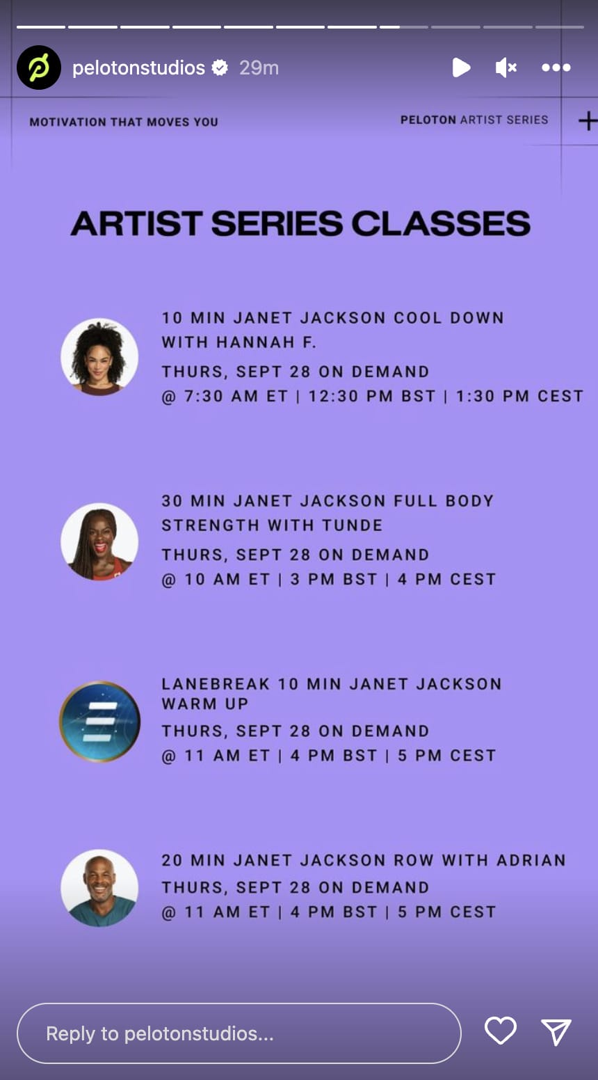 Peloton Janet Jackson classes. Image credit Peloton social media.