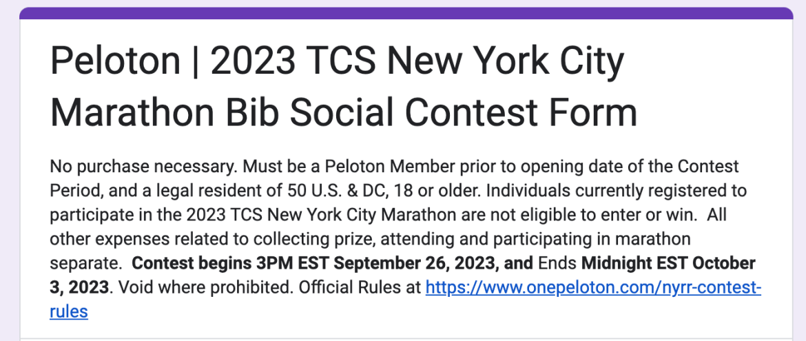 Peloton NYC Marathon contest Google Form.