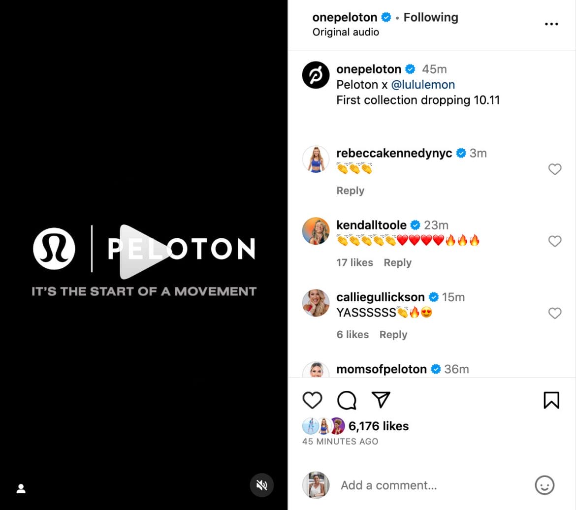 @OnePeloton Instagram post announcing lululemon partnership.