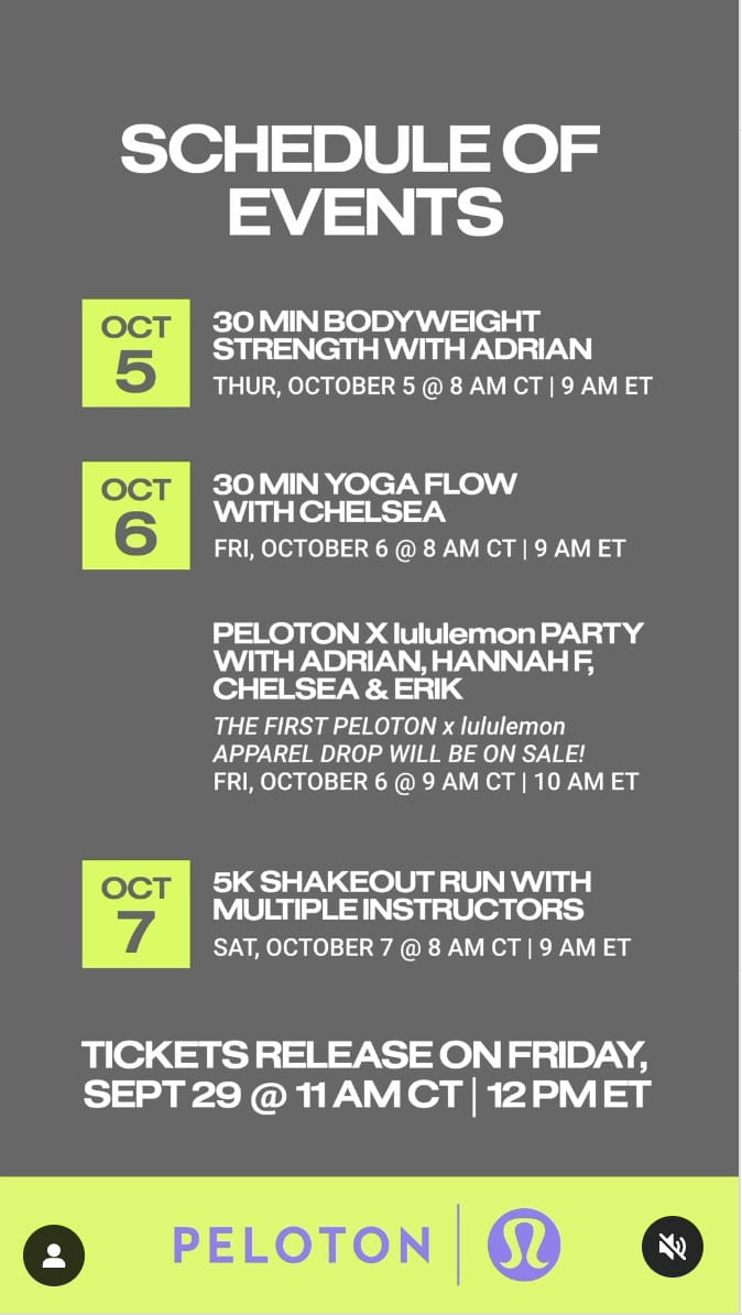 Peloton x lululemon event schedule in Chicago. Image credit Peloton social media.
