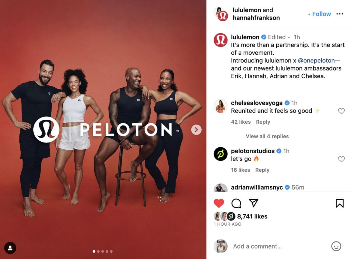lululemon Instagram post announcing Peloton instructor ambassadors.