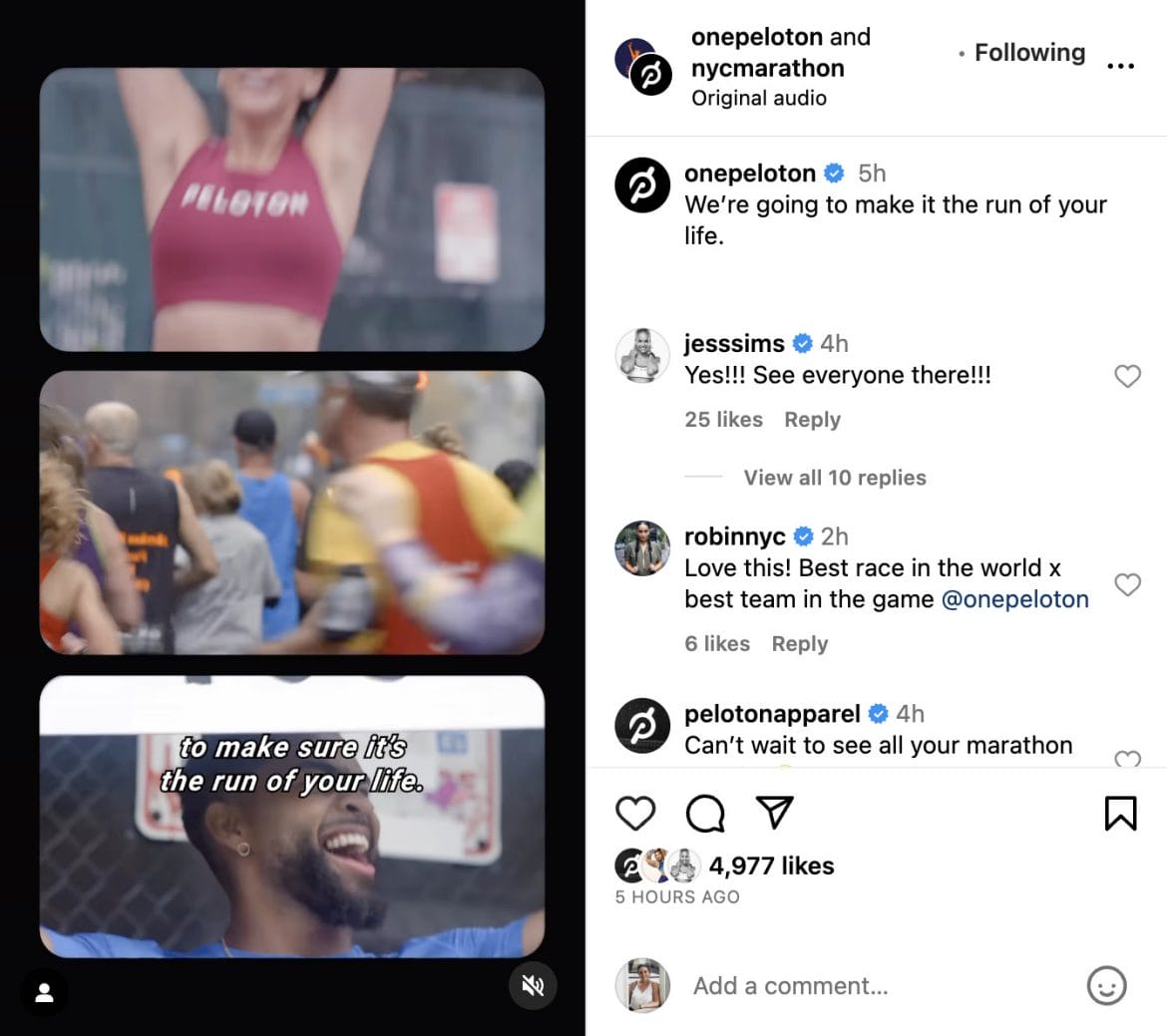 @OnePeloton Instagram post announcing partnership with New York Road Runners (NYRR)