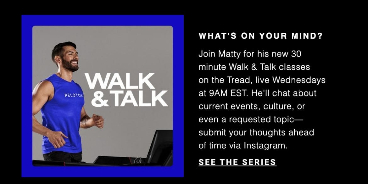 Monthly workouts to watch email highlighting Walk & Talk classes.