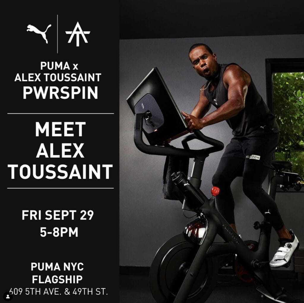 Alex Toussaint's Instagram post announcing release of cycling shoe at PUMA flagship store.