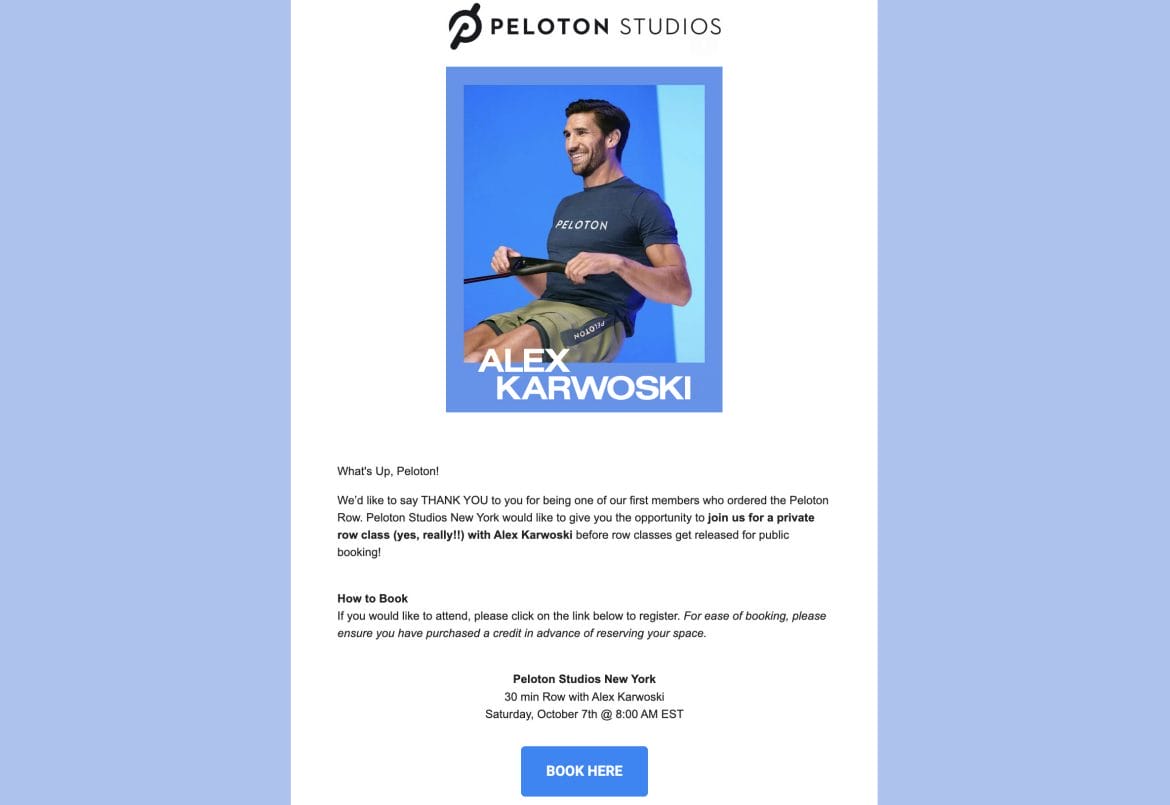 Peloton email inviting members to book a spot in a live rowing class at PSNY.