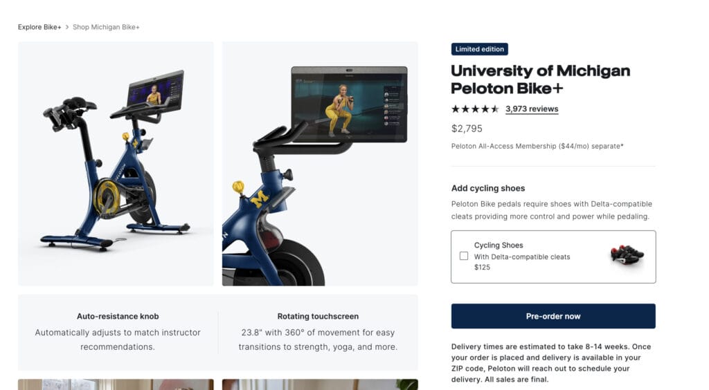 The purchase page for the University of Michigan Peloton Bike+