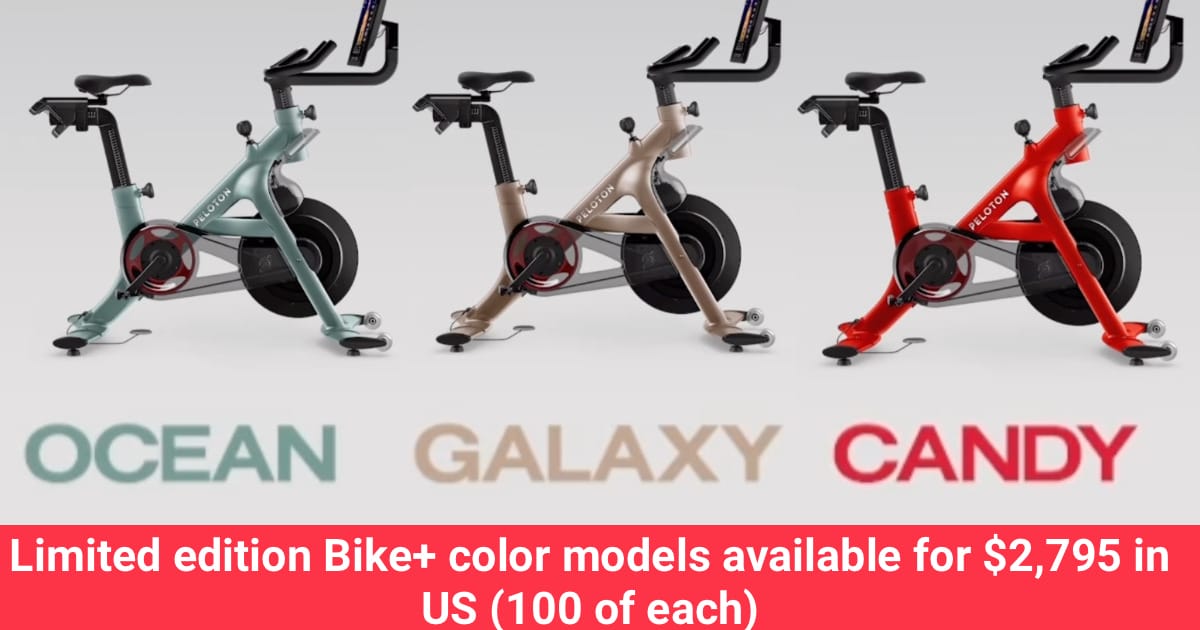 Peloton teased the possibility of different colors for the Peloton Bike+  today, showing a rose gold, neon yellow, and light /sky blue Pel