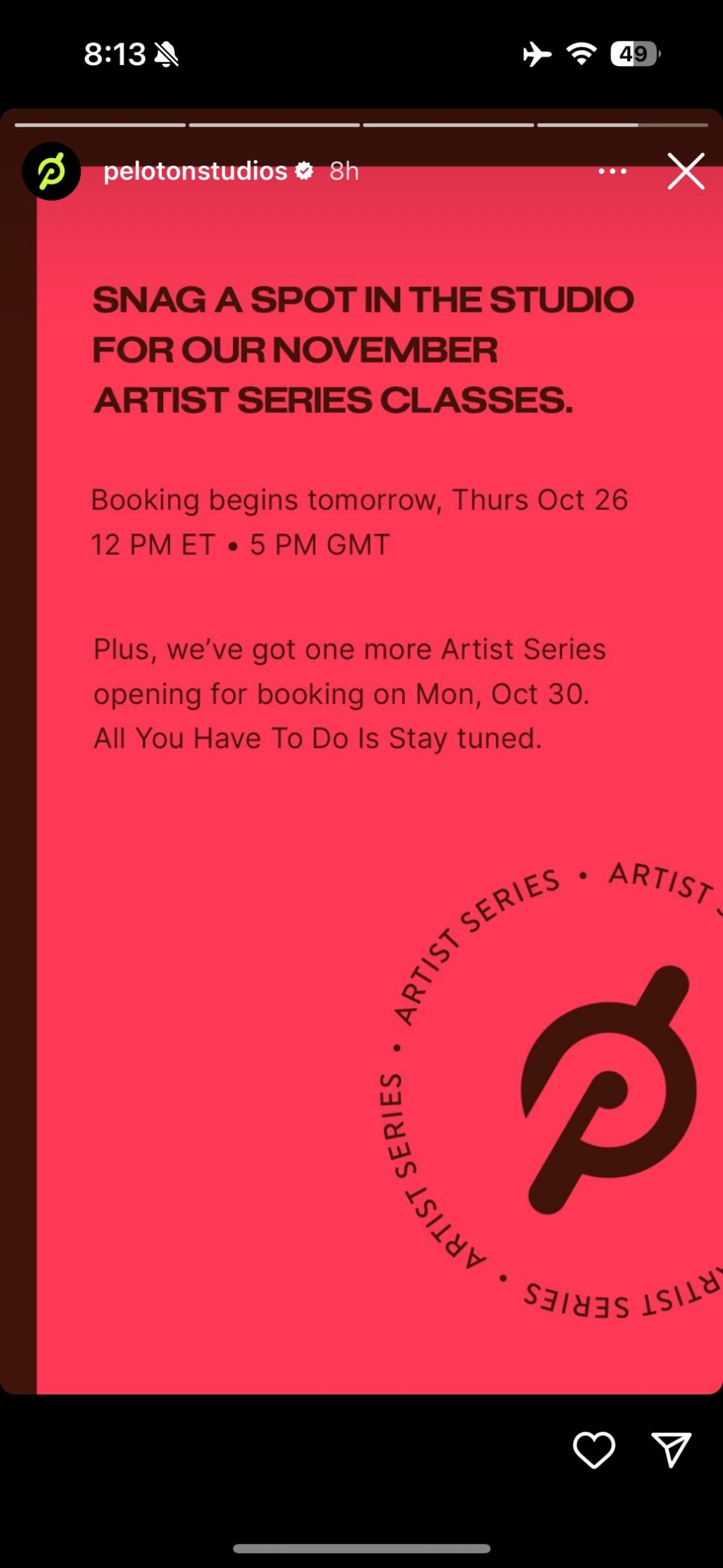 Peloton Instagram Story announcing new artist series classes will be added to the studio booking site.