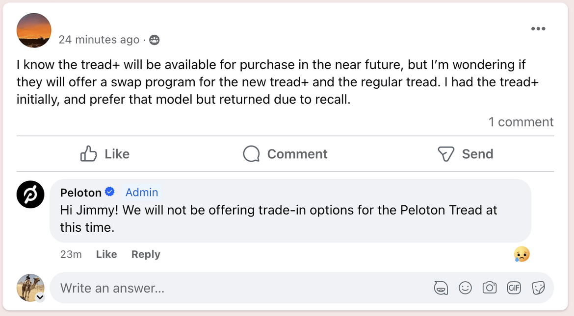 Exchange on Official Peloton Member Page on Facebook regarding Tread+ trade-in program.
