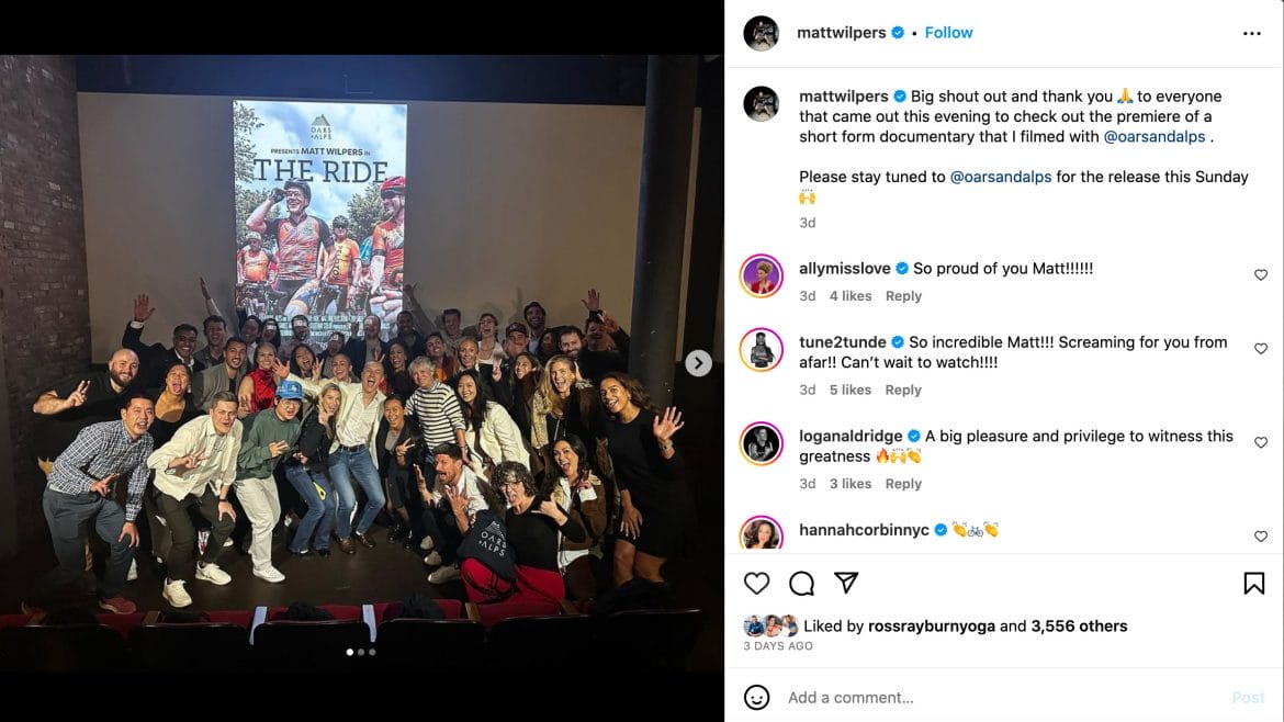 Matt Wilpers Instagram post from the premiere of "The Ride."